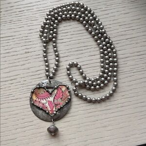 Art by Amy Labbe LONG British Tea Tin Heart Chic Silver Necklace w Chain Hook